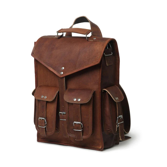 Vintage Brown Leather Backpack Side View and Pockets