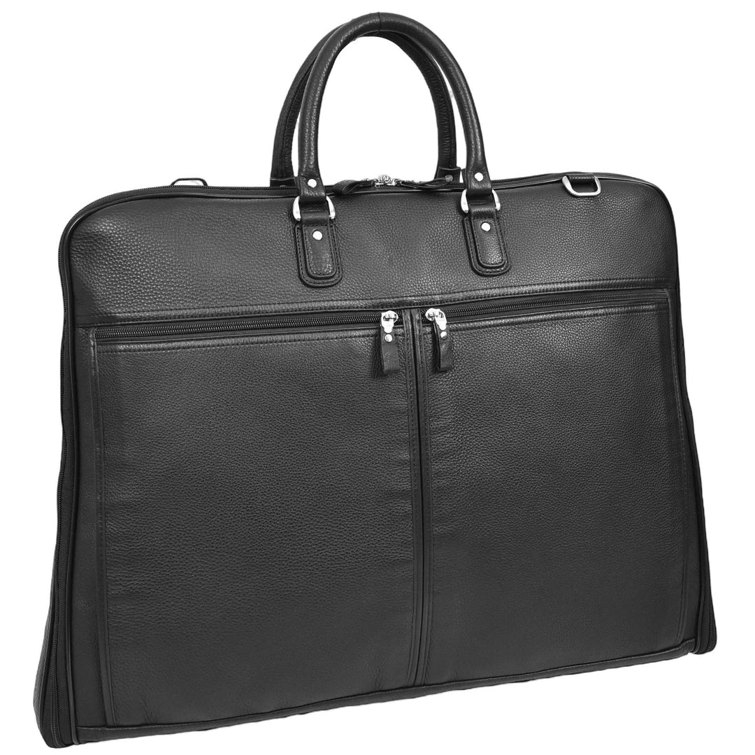 Genuine Leather Slim Suit Carrier Dress Garment Travel Bag Lared Black