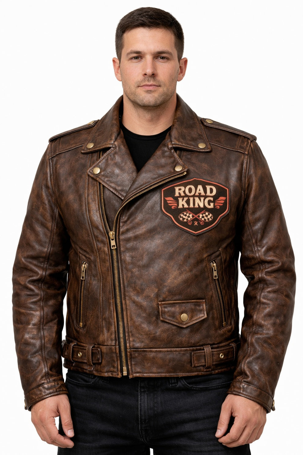 Men's Print Jackets\MP007 Road King Vintage Leather Jacket - Winged Skull & Ride to Live Biker Design