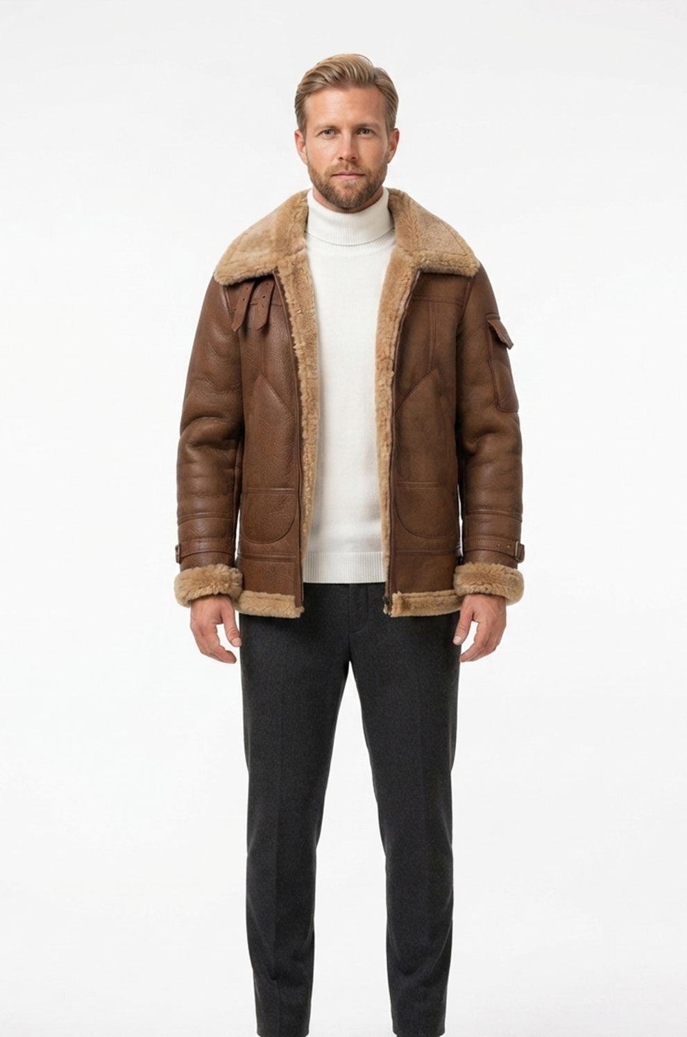 Aviator Jackets\B035 Men B3 Real Leather Aviator Bomber WW11 Shearling Jacket Black & Brown