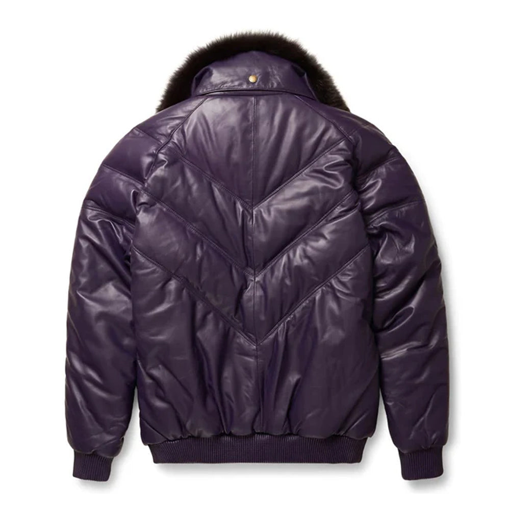 Men's Purple Leather V- Puffer Jakcet