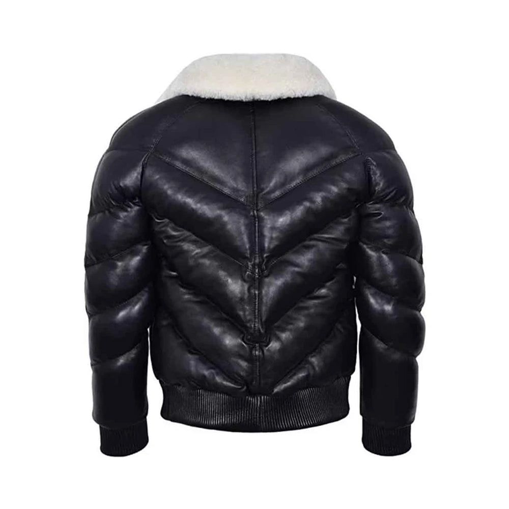 Mens Military Style Puffer Leather Jacket Black
