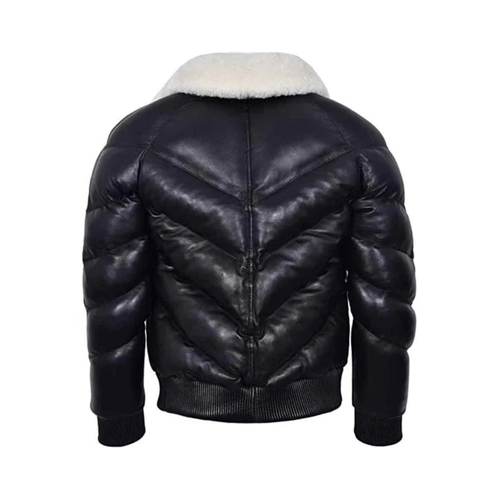 Mens Military Style Puffer Leather Jacket Black